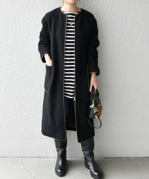 SHIPS any: ノーカラー パイピング ウールミックス ロングコート(36