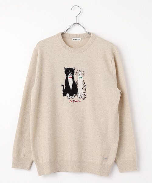 ウールニットインターシャ7G ネコ柄 クルーネックセーター （ニット