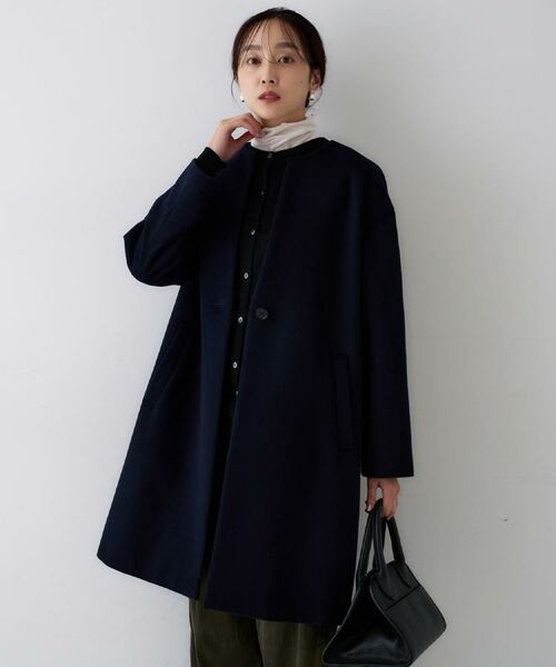 ゆったり/軽やか】カシミヤ混ノーカラーコート （その他アウター