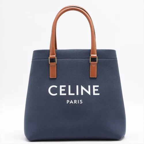セリーヌ ホリゾンタルカバ キャンバス×レザー トートバッグ ネイビー