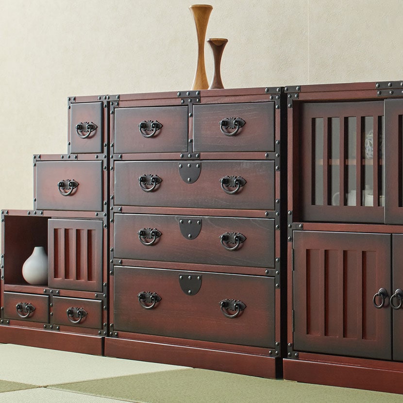 送料無料】 民芸調 引出箪笥 和タンス 収納棚 引き出し 和風 天然木 桐