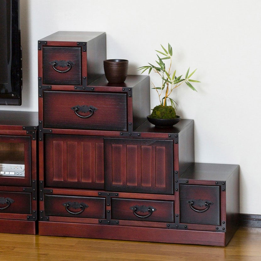 送料無料】 民芸調 階段箪笥 右下がり 和タンス 収納棚 引き出し