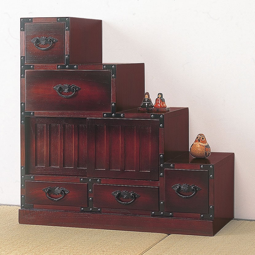 送料無料】 民芸調 階段箪笥 右下がり 和タンス 収納棚 引き出し