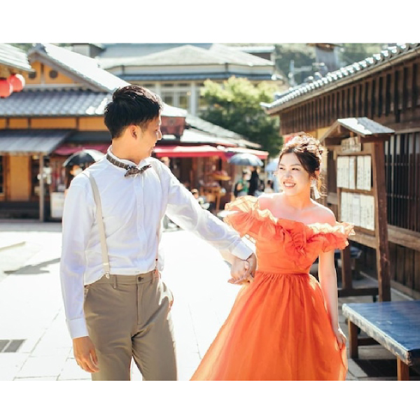 送料無料】オレンジフリルオフショルダードレス |ウェディングドレス