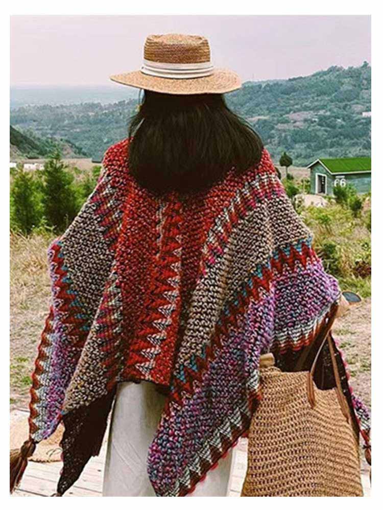 楽天市場】レディース エスニック柄 フリンジ 厚手 ポンチョ 肩掛け