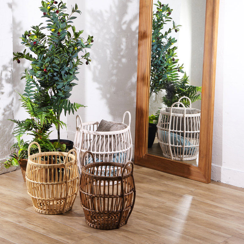 ラタン バスケット 大小2個組 ホワイトウォッシュ 白 バスケット 収納