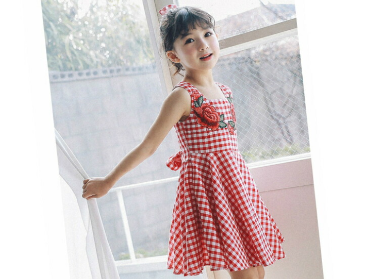 楽天市場】チェックワンピース 花柄刺繍 ノースリーブ 子供服 女の子