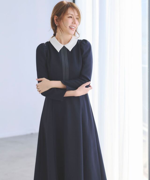 美香さん着用】2WAY襟配色ステッチワンピース