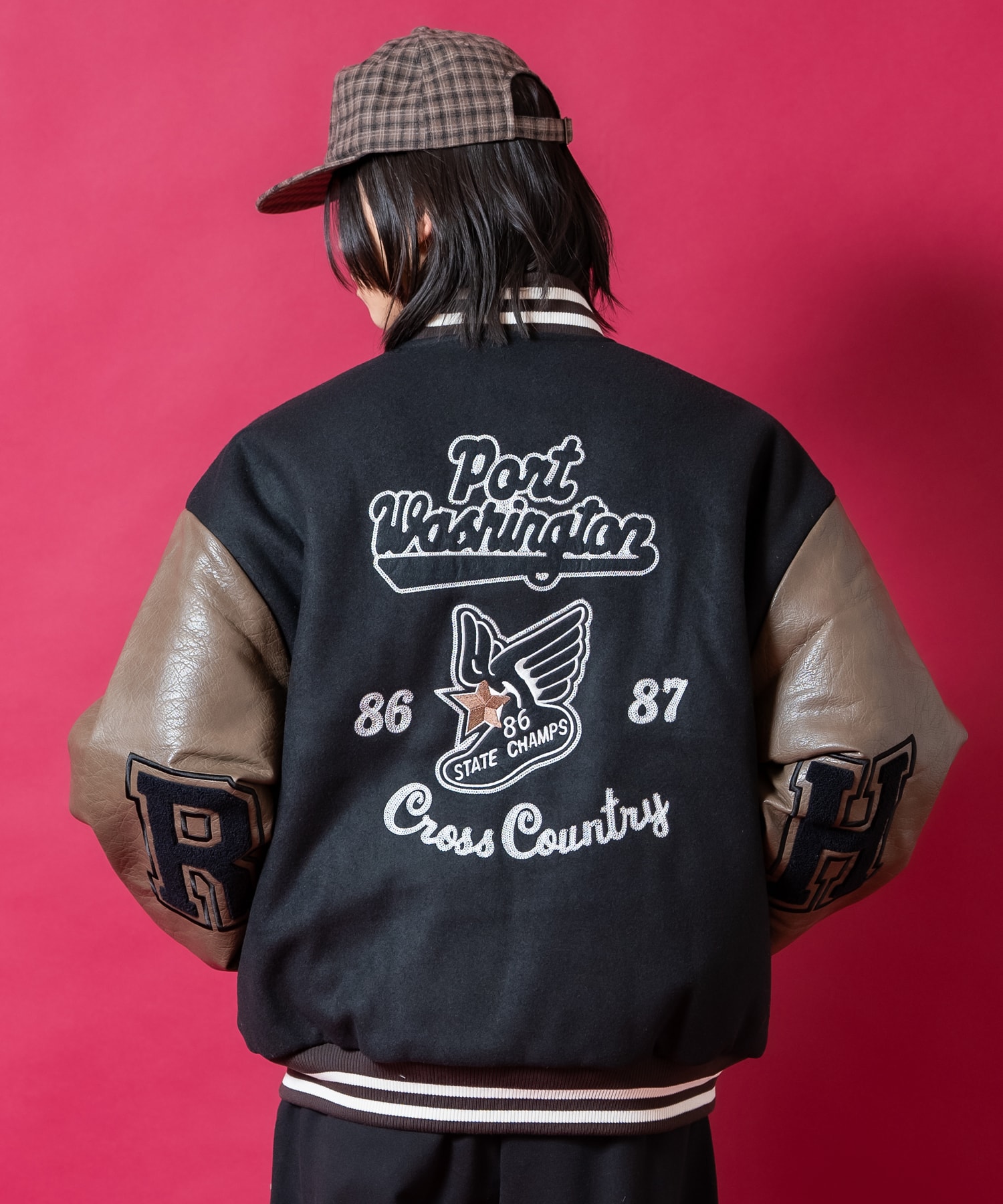 チェーンステッチ刺繍サガラワッペンウール＆合成皮革切替キルティング