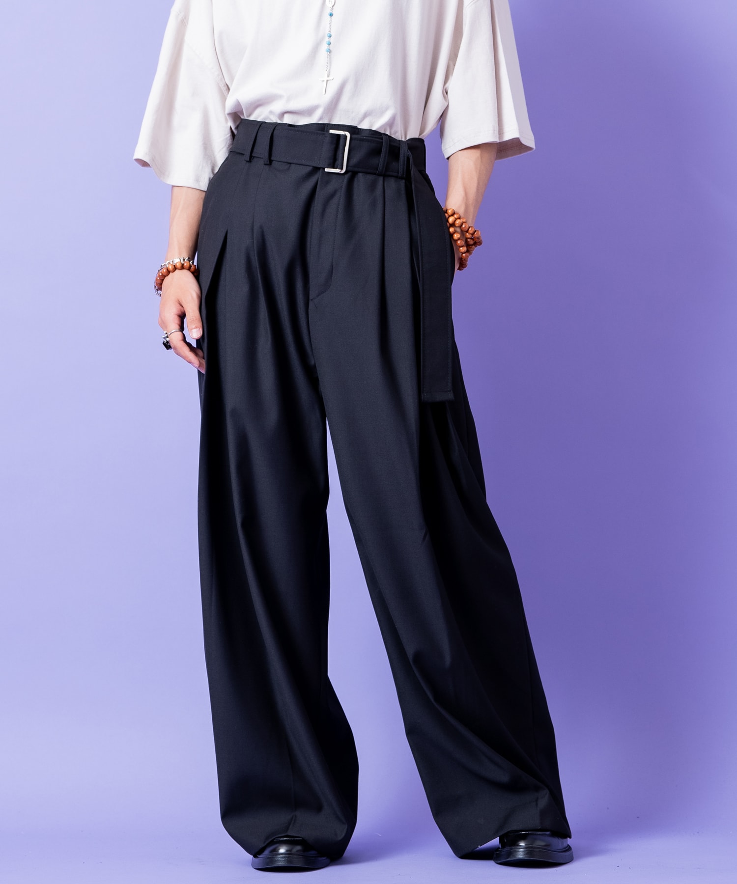 ロングベルトダブルタックドレープワイドパンツ / スラックス フレア
