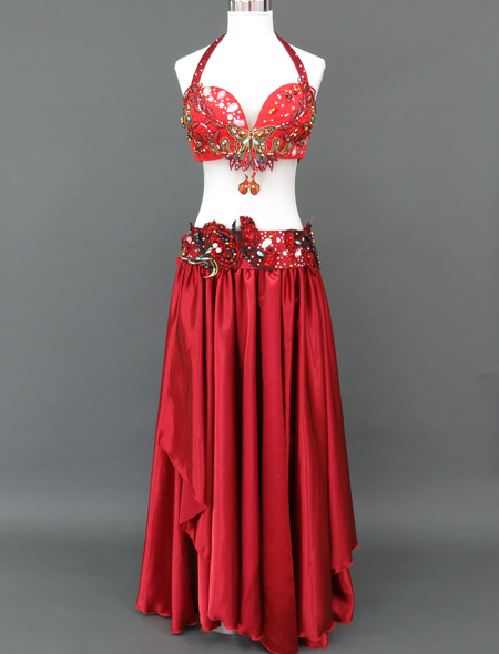 ベリーダンス衣装】豪華でキュート＆セクシーな赤！フラワー装飾に