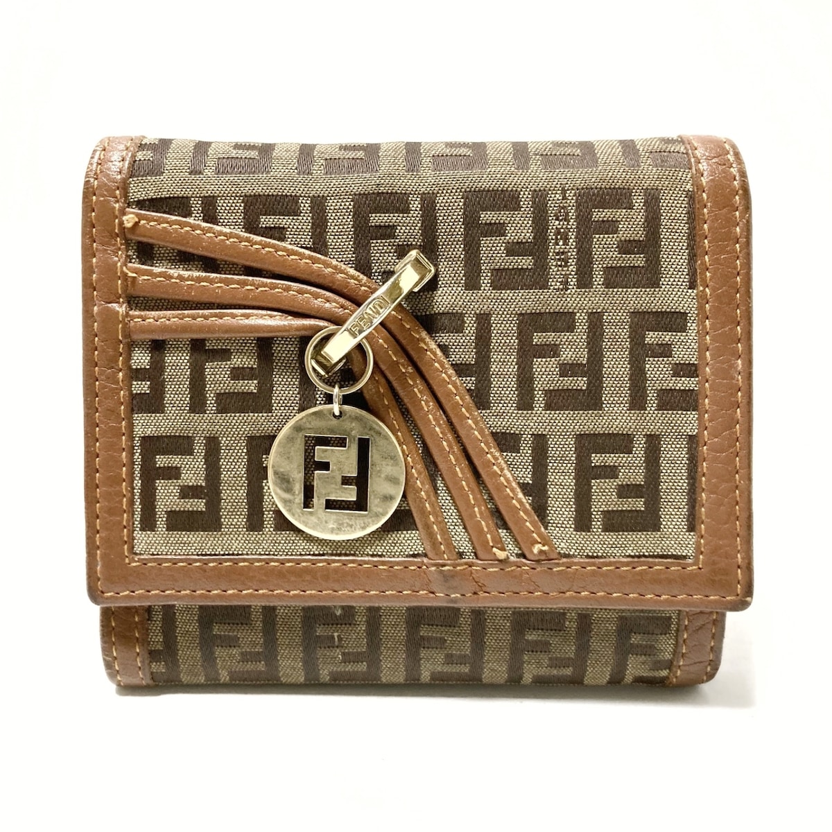 フェンディ/3つ折り財布/ズッカ柄/カーキ×ダークブラウン×ブラウン