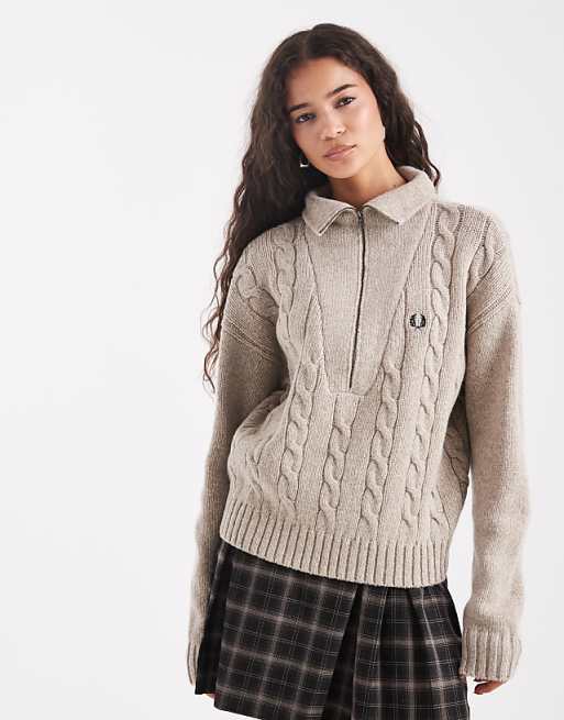 Fred Perry half zip cable knit jumper in beige | ASOS