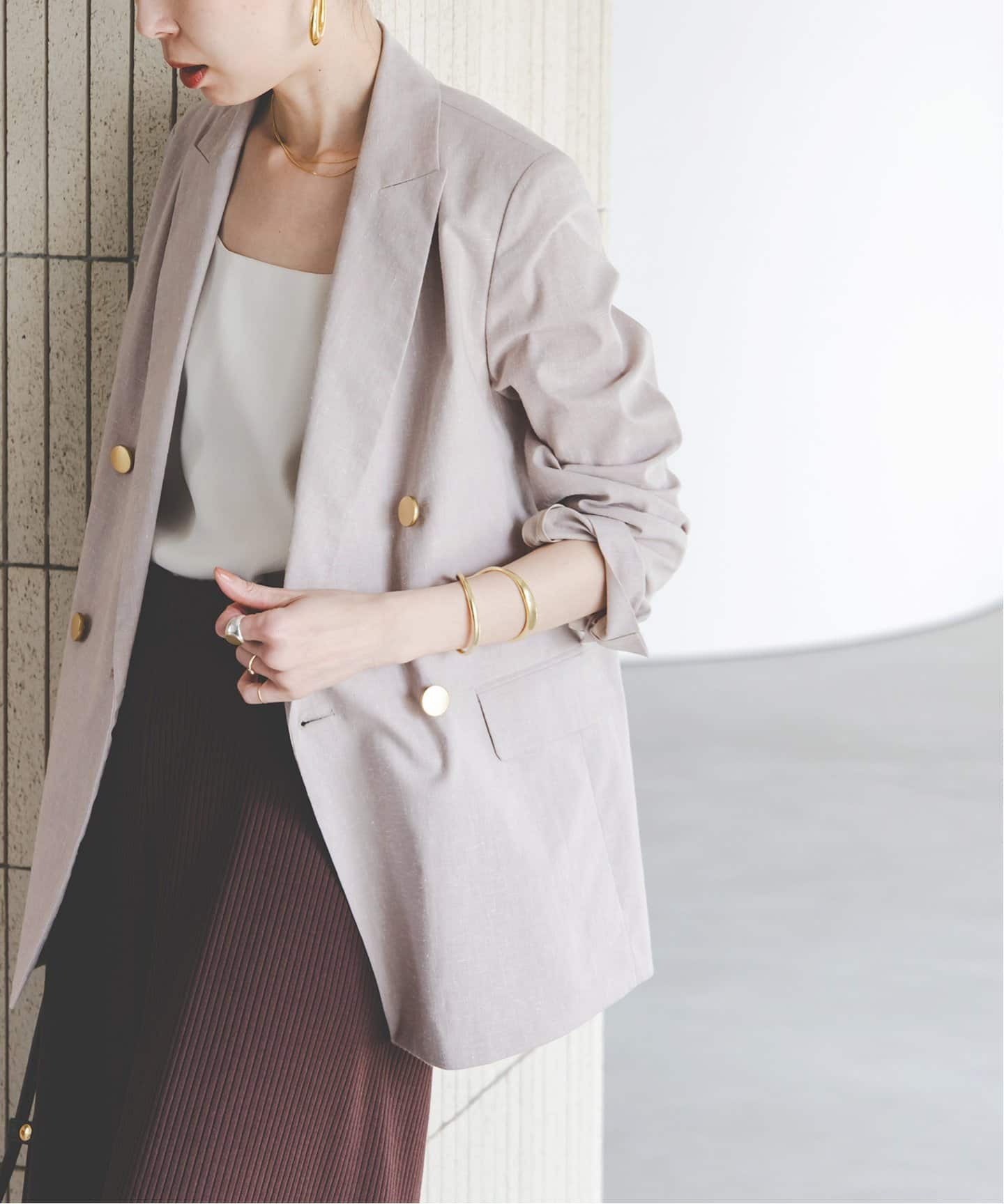 追加》麻ストレッチピークドラペルダブルジャケット（テーラード