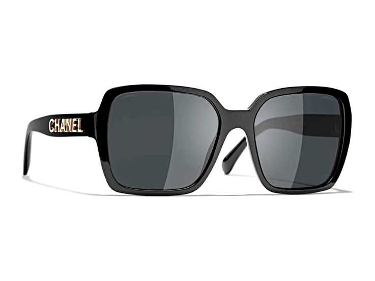 Chanel Square Black Frame Gold Tone Chanel Logo / Gray Lenses