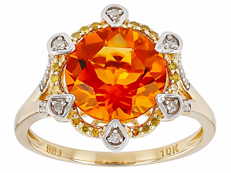 Orange Madeira Citrine With White Diamond 10k Yellow Gold Ring