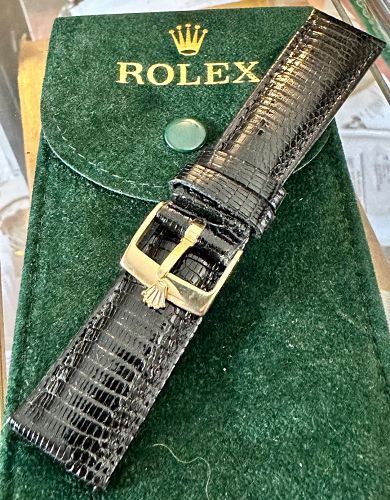 Rolex 16mm Yellow Logo Buckle 19mm Black Genuine Lizard (item