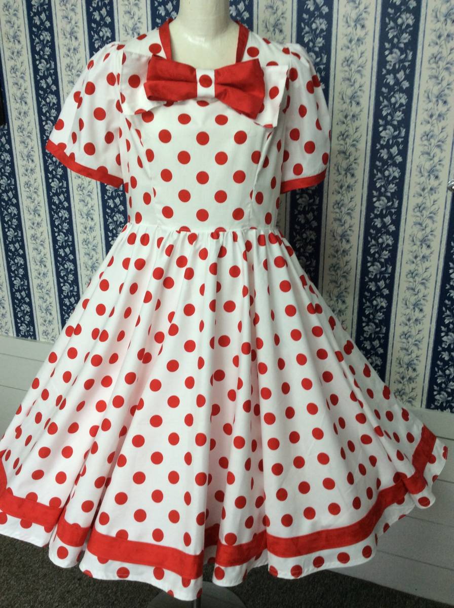 新品】☆サーキュラーワンピース ロカビリー 50s 白地に赤のドット柄