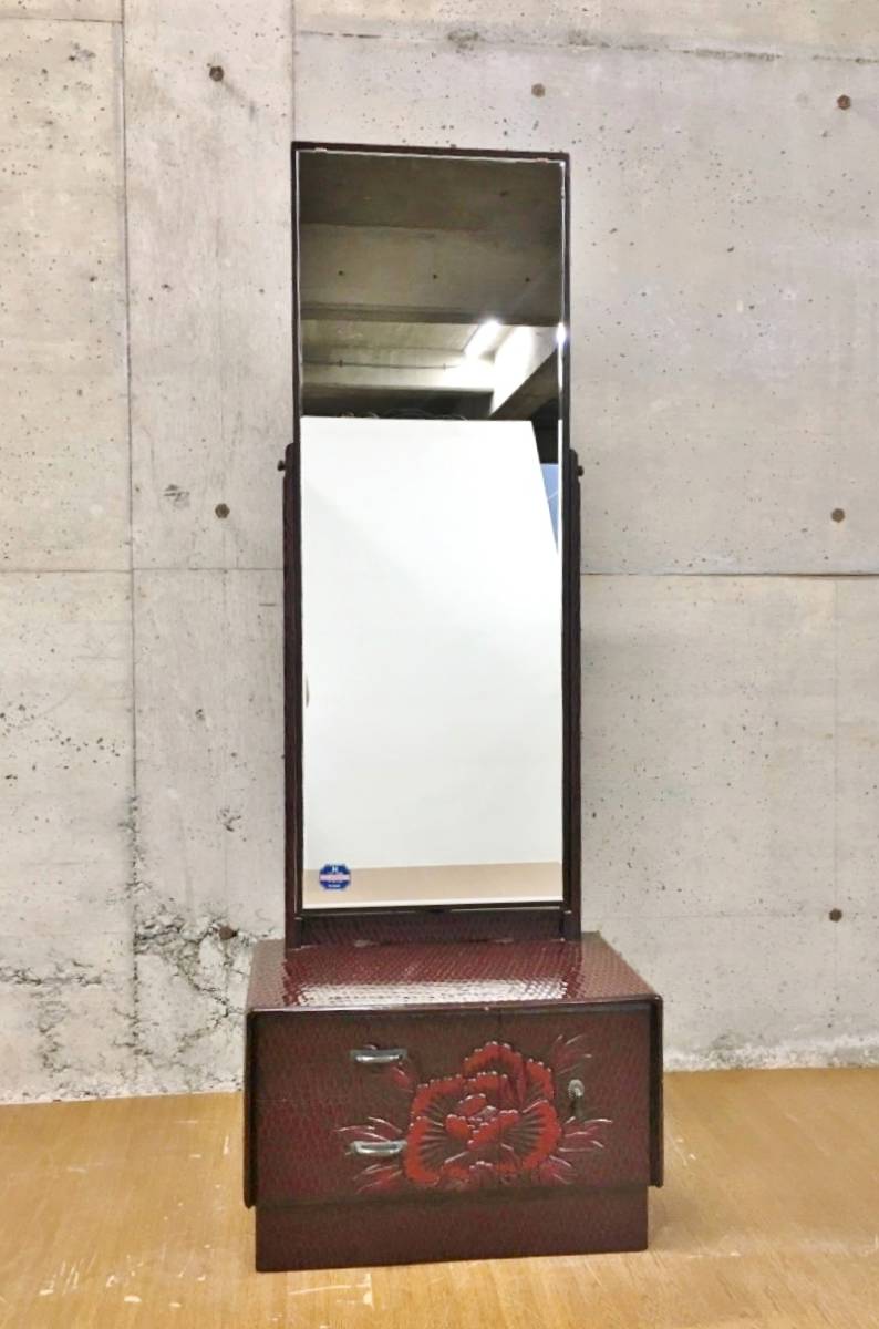 GMIH60○鎌倉彫 三面鏡 姿見 全身鏡 木製 彫刻 漆塗り 着付け鏡 和家