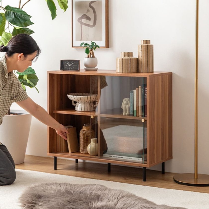 Jeune (ジューヌ) ガラス引き戸キャビネット 幅80cmタイプ