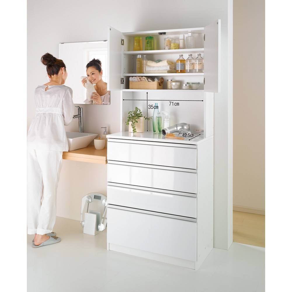 水回りでも安心の光沢洗面所チェスト 扉付きハイタイプ・幅75cm 通販