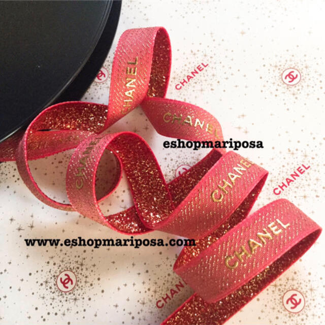 CHANEL - シャネルラッピングリボン ラメ入りリボン 赤ピンク ゴールド