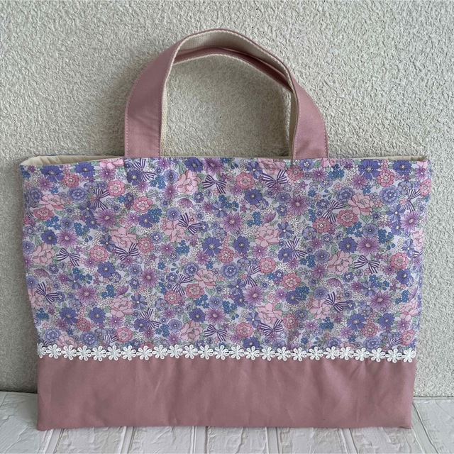 レッスンバッグ ハンドメイド パープル花柄レース付の通販 by ミー's