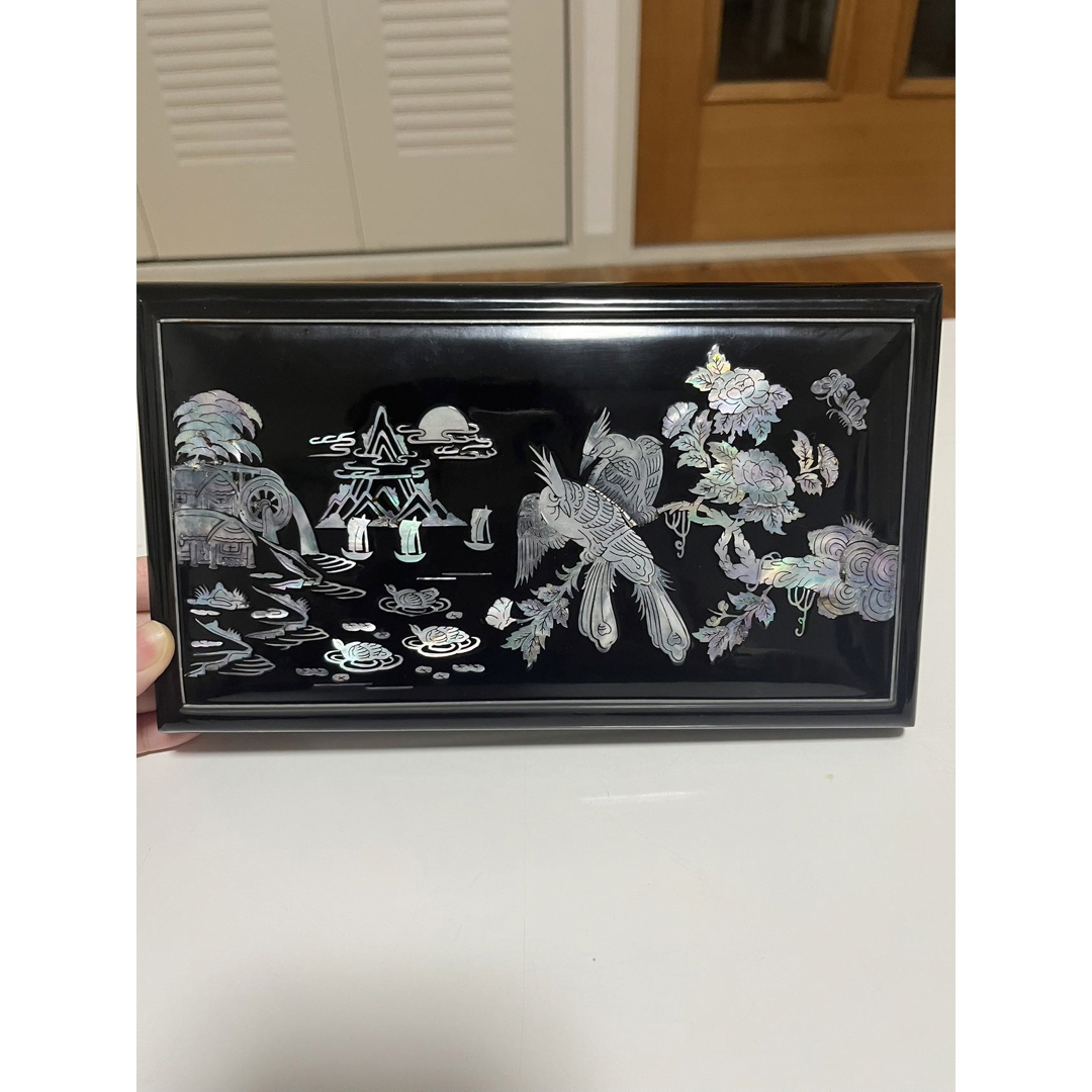 中国美術 時代古物 螺鈿細工 花鳥 山水 漆芸 木製 煙草入黄銅人物 灰皿