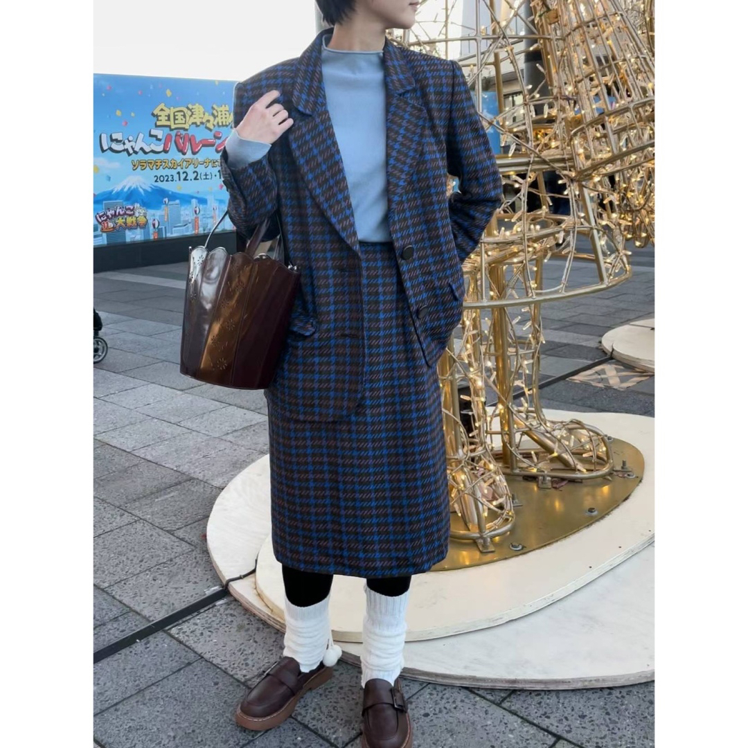 古着｜チェック柄 ブルー セットアップ レトロ ジャケット スカート
