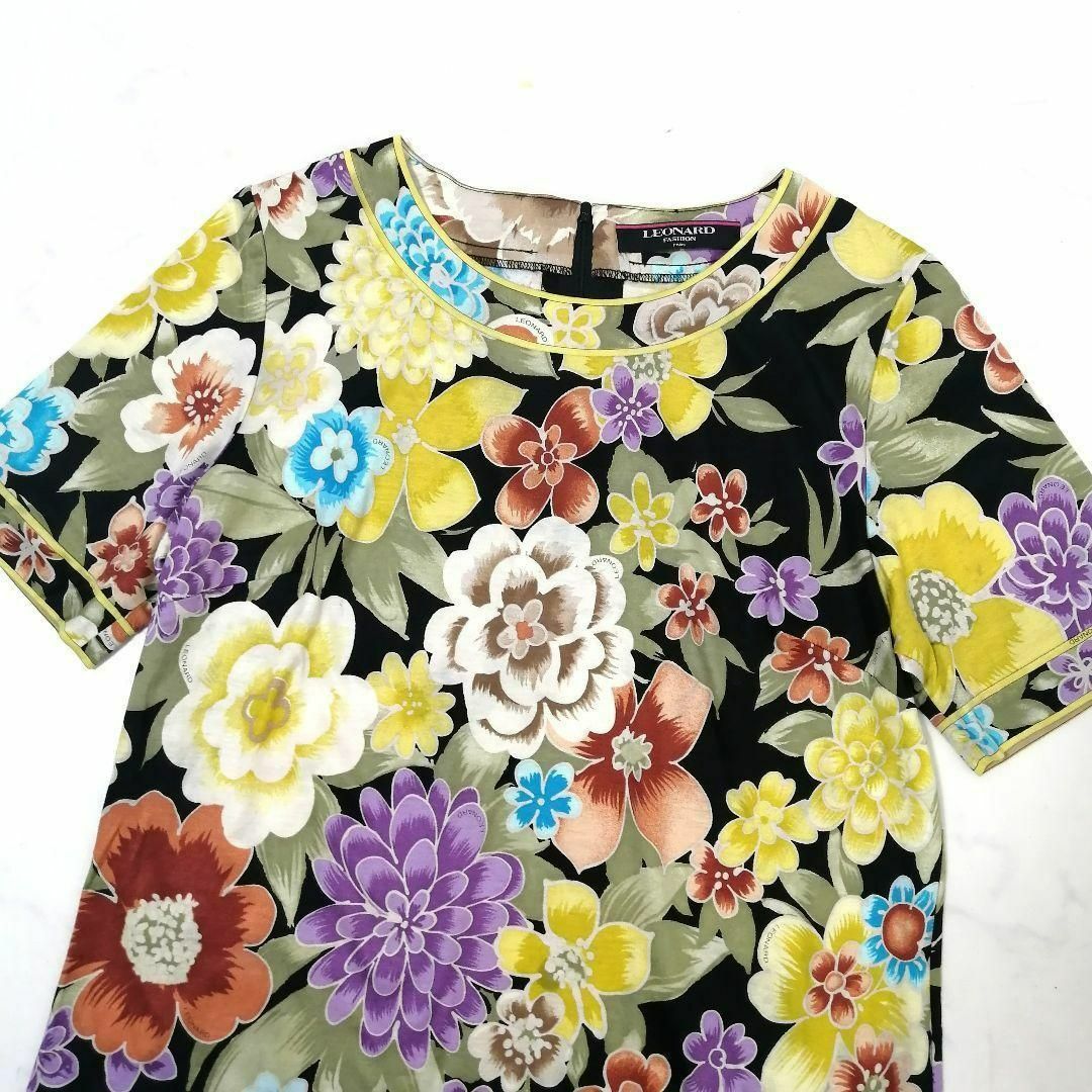 極美品✨レオナール 半袖カットソー 総柄 花柄 トリム LL トップス