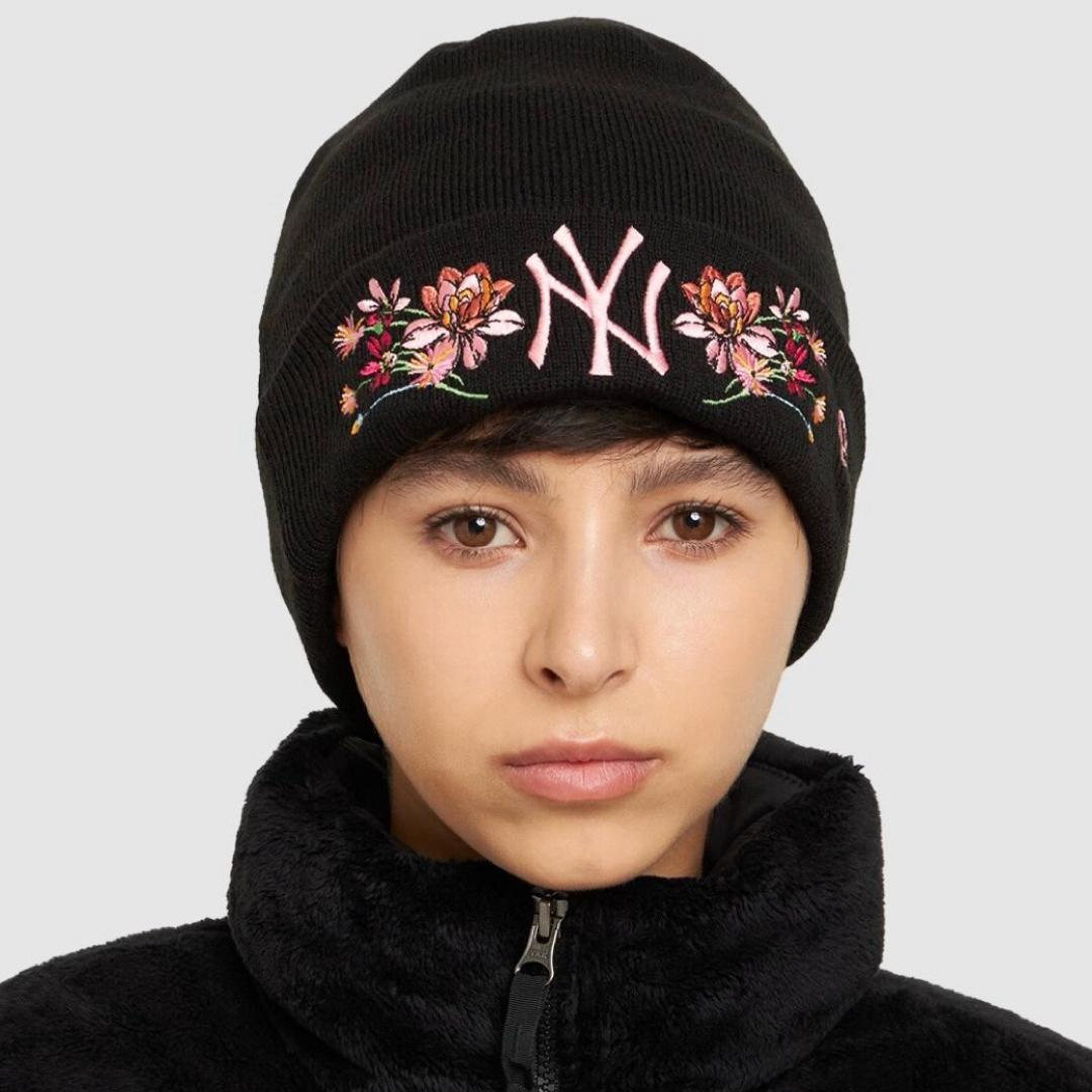 NEW ERA - ニューエラ ニット帽 ビーニー NY ブラック ピンク 刺繍