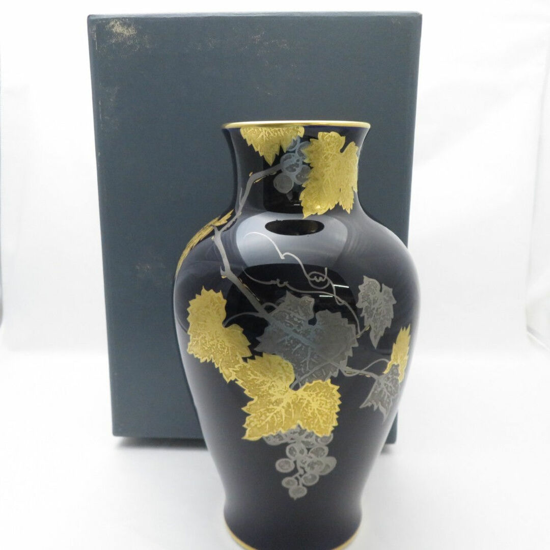 経年保管品】大倉陶園 瑠璃金触葡萄 花瓶 フラワーベース 瑠璃 葡萄