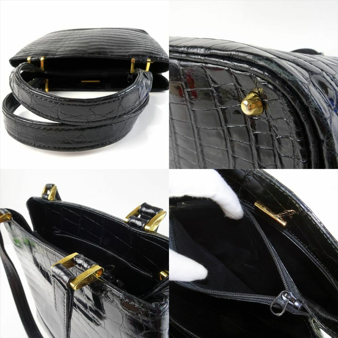 クロコダイルレザー ハンドバッグ 黒 ブラック ツヤ有 フォーマル