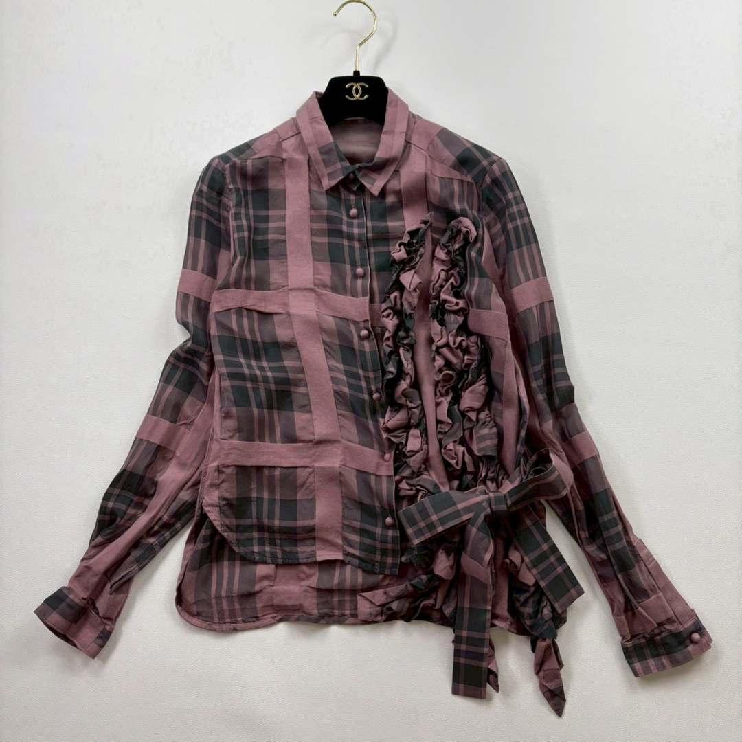 チカキサダ 長袖 フリルデザイン ブラウス チェック リボン アシンメトリー