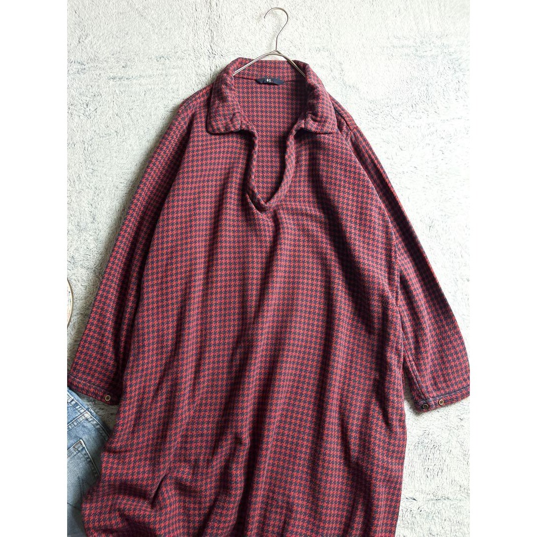 45R】45rpm 綿100% 千鳥格子柄 スキッパーシャツワンピース 赤 0