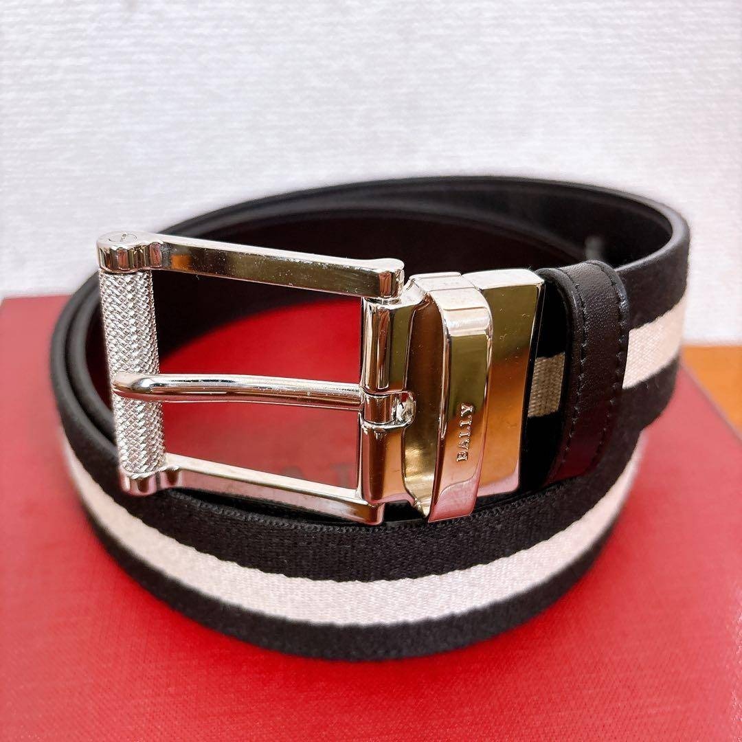 未使用級 BALLY バリー リバーシブル ベルト レザー キャンバス ブラック