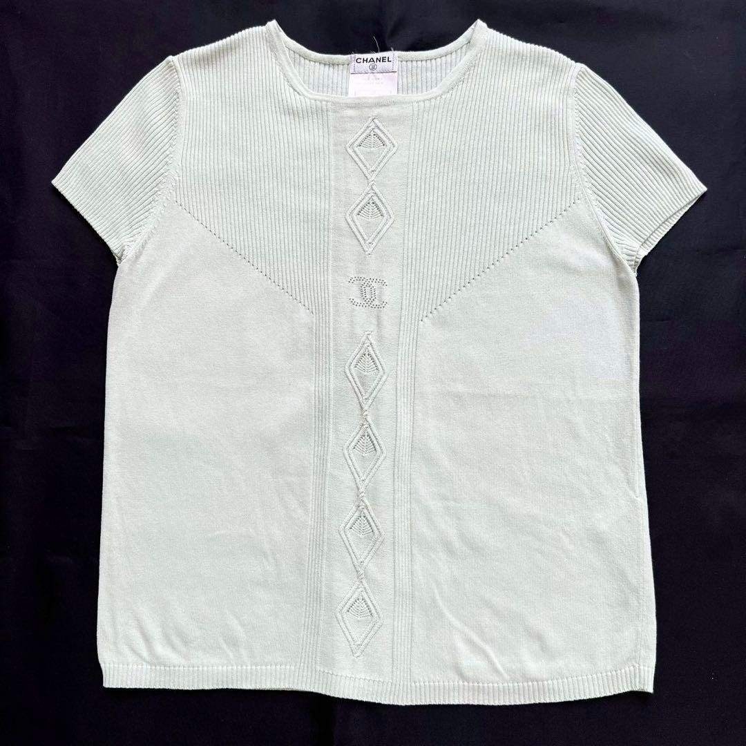CHANEL ココマーク透かし編み サマーニット リブ グリーン 38