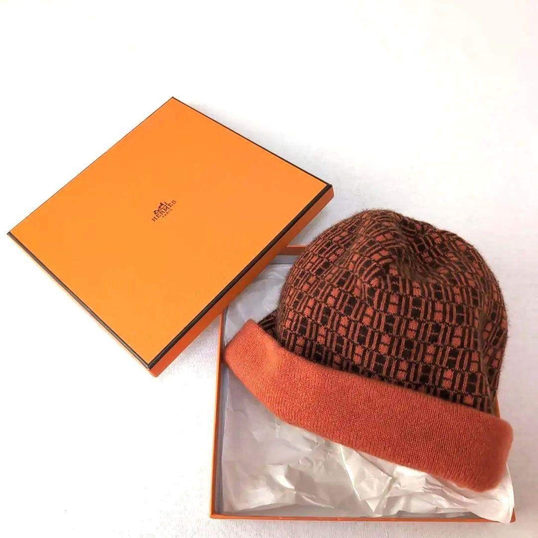 上質カシミヤ100％◇HERMES エルメス ニット帽 総柄ロゴ LA d95