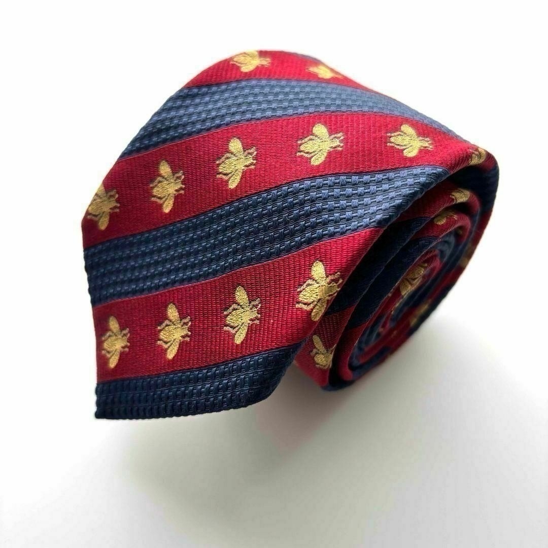 美品꧂ グッチ ネクタイ ナロータイ GG柄 蜂 ストライプ レッド ブルー