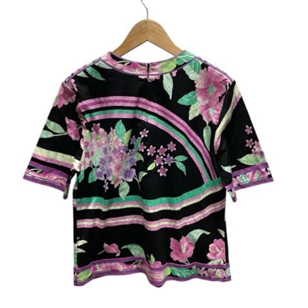 美品 レオナール 長袖シャツブラウス ベルトあり 黒xピンク 花柄