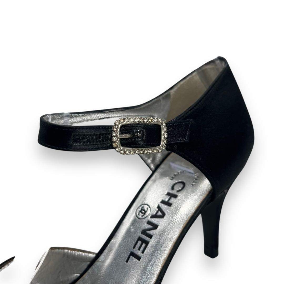 美品□シャネル サテン地 パンプス ブラック ココマーク アンクル