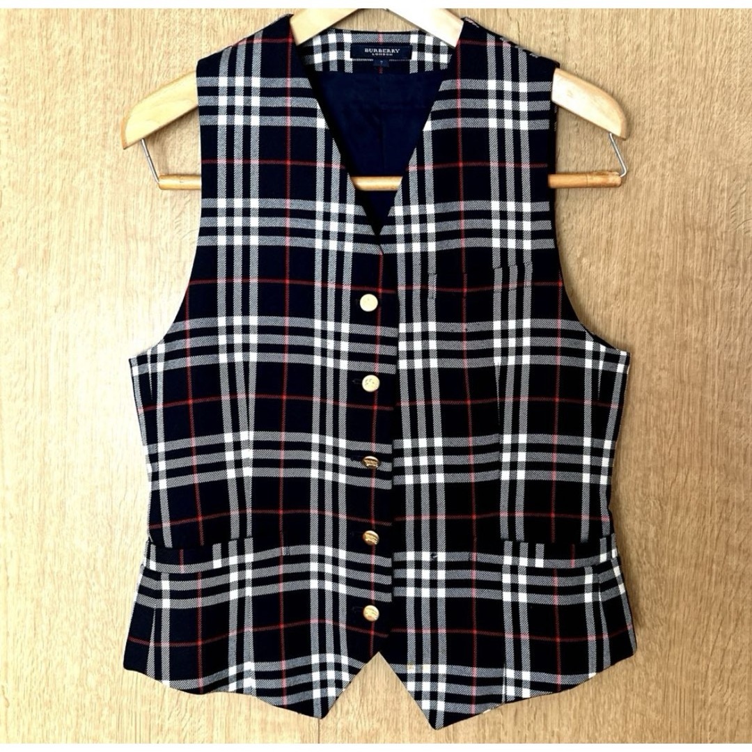 BURBERRY - バーバリー ベスト ジレ ノバチェック 金ボタン 紺 7AR 三