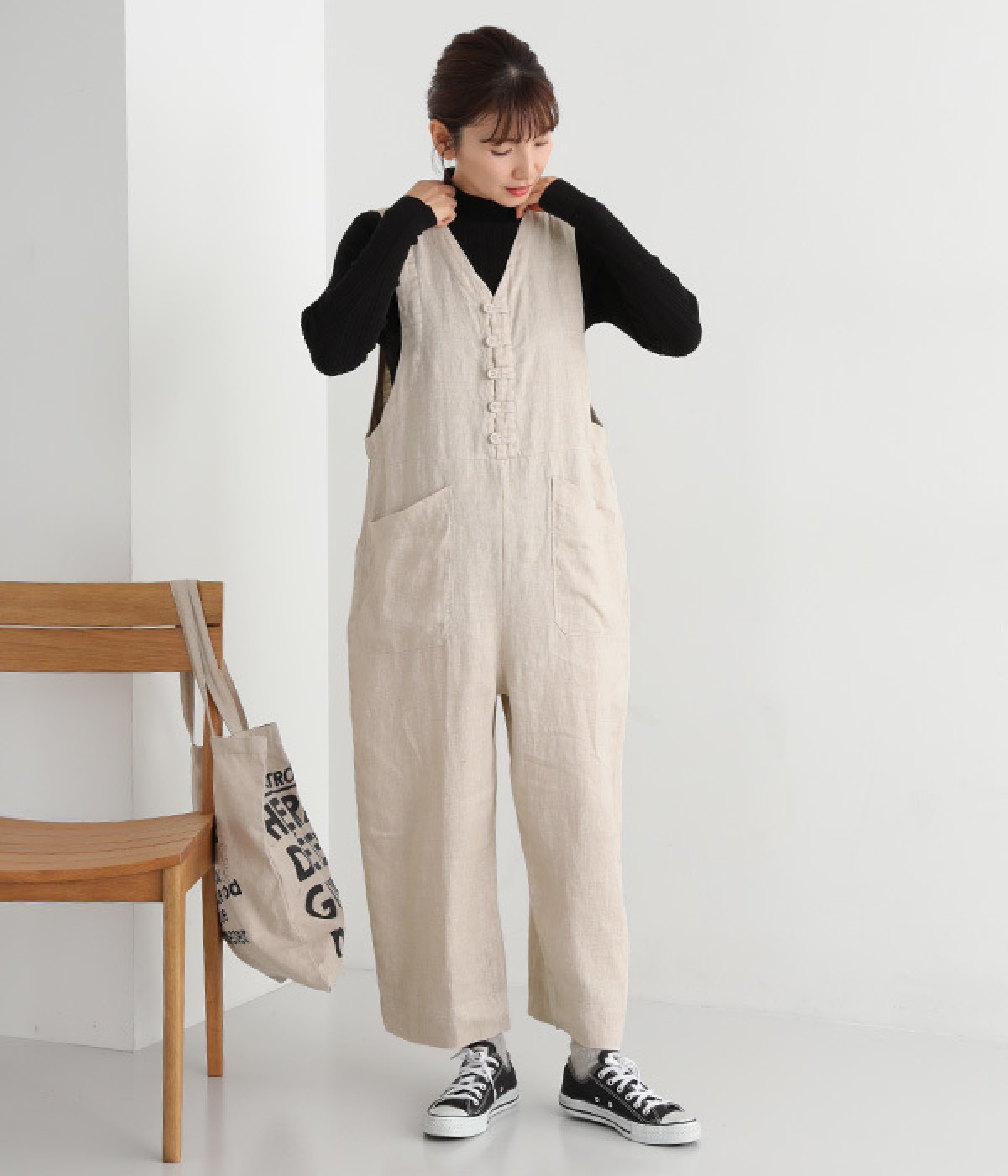 リネンヘリンボーン Vネックサロペット｜YURK geniet van（ユルクフ