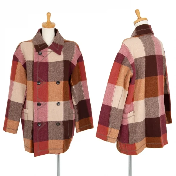 プランテーションPlantation ウールナイロンチェックPコート ボルドー