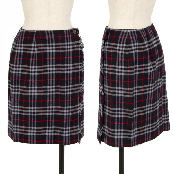 バーバリーズBurberrys' チェックフリンジラップスカート 紺9 (K-111676)