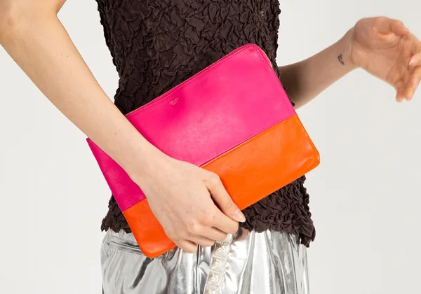 セリーヌCELINE バイカラーレザークラッチバッグ ピンクオレンジ (K
