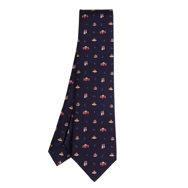 ブルガリBVLGARI シルク建造物プリントネクタイ 紺 (K-114297)