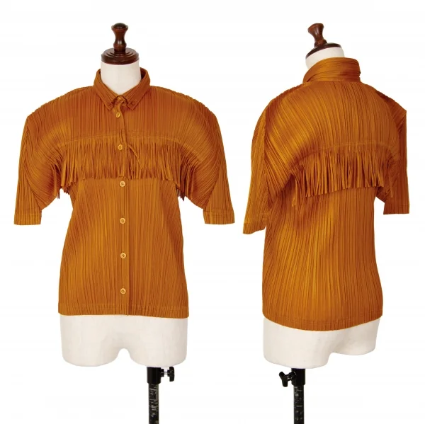 プリーツプリーズPLEATS PLEASE フリンジプリーツ半袖シャツ 茶3 (K