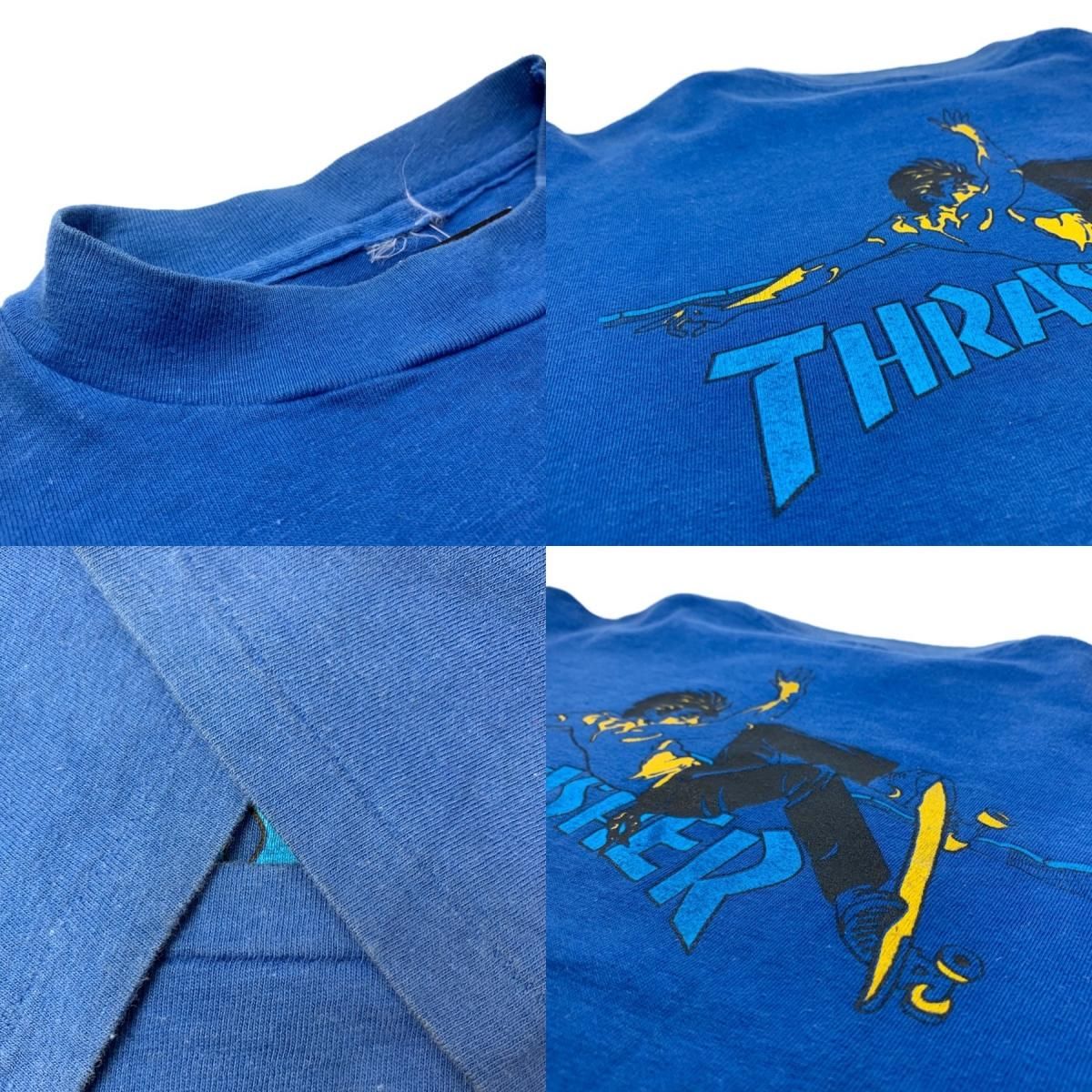 80s THRASHER Print S/S Tee 青 M スラッシャー 半袖 Tシャツ スケート