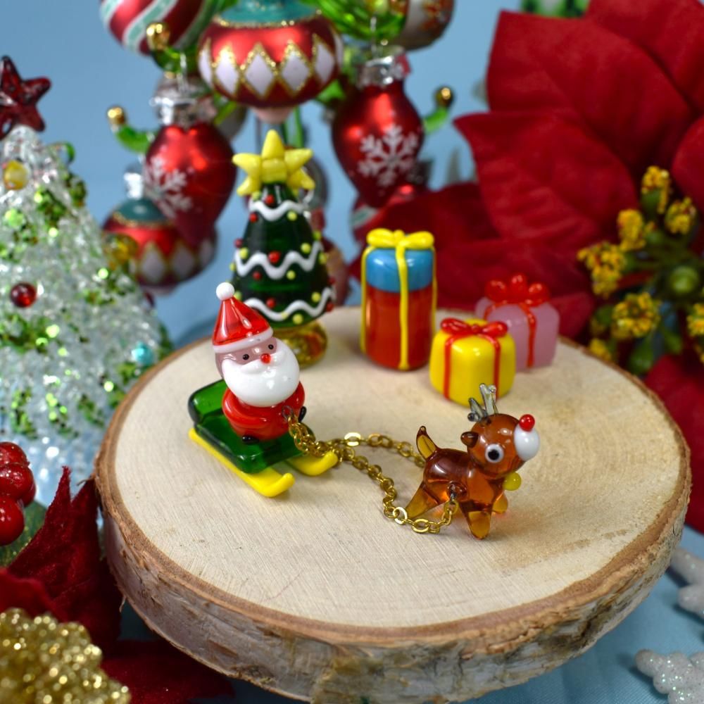 クリスマスガラス細工｜ソリ引きサンタとトナカイ｜フォーカートグラス